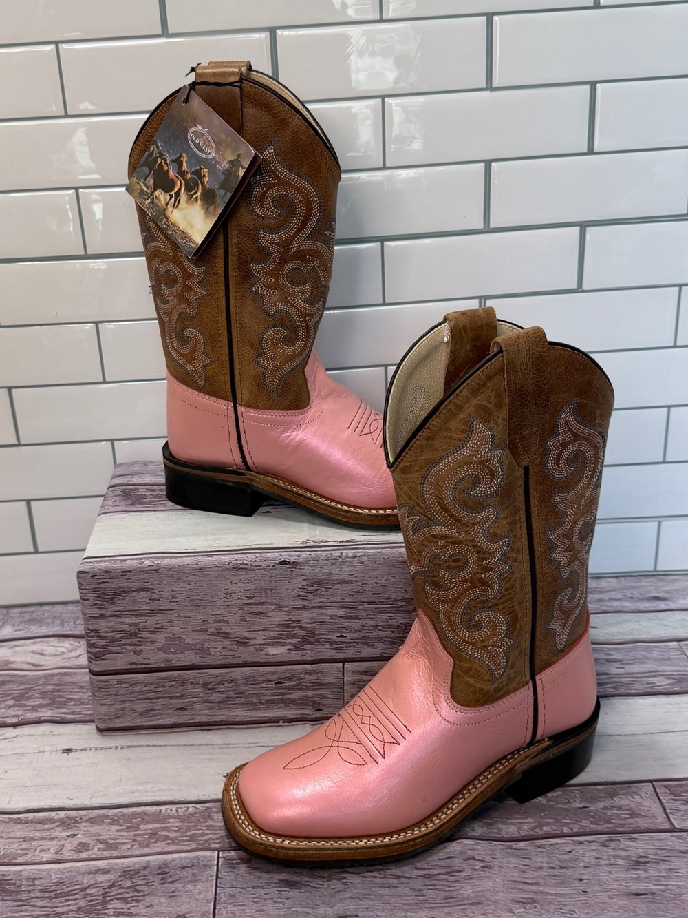 Old West Pink Shimmer Square Toe Cowgirl Boots size 12.5.